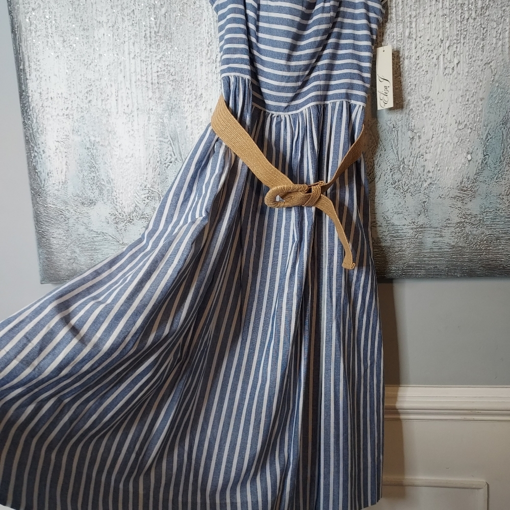 Eliza J Striped Belted Midi  Dres Woven Belt Sz-10 - Picture 5 of 9